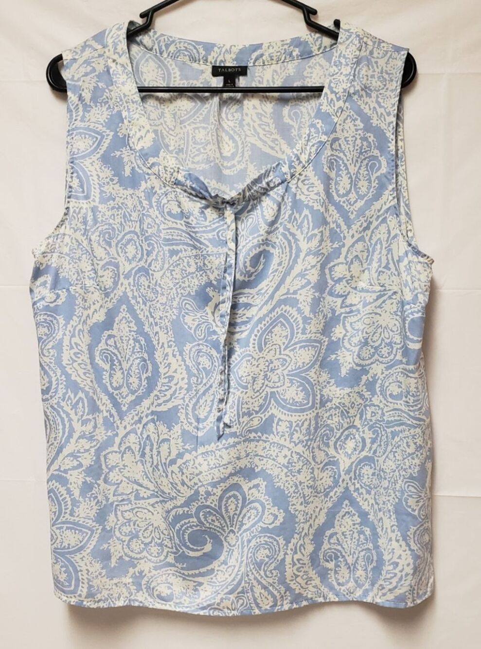 Talbots Women's Sleeveless Blue and Cream Paisley Tencel Summer Blouse Sz L NWOT
